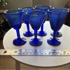 Set of 6 Vintage Cobalt Blue Hand-Blown Stemmed Glasses – Optic Swirl 5″