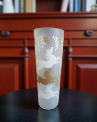 Vintage Libbey Cavalcade Frosted Glass w/ White & Gold Horses 2.5″x 7″