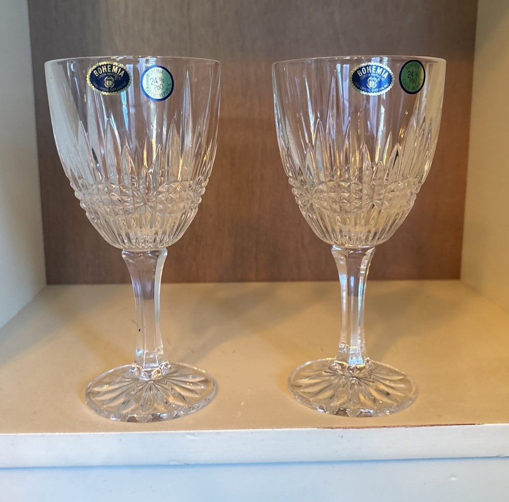 Vintage Bohemia 24% Lead Crystal Wine Glasses Set of 2 Czech Cut Glass