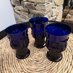 VTG Cottage Core Cobalt Blue Pilgrim Glass Adams Low Stemmed Fan Motif Goblet