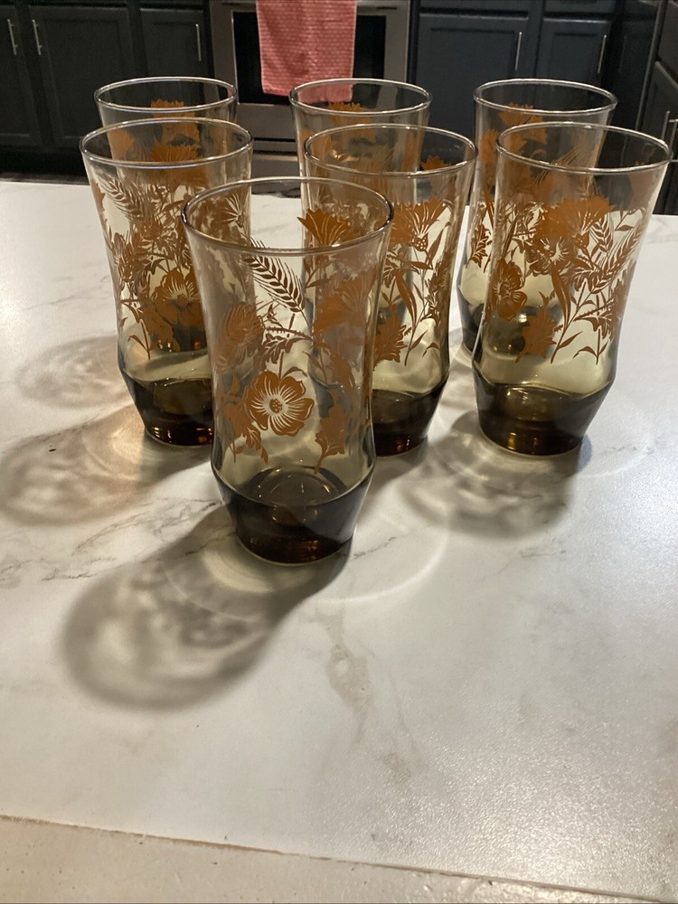 Vintage Libbey Strawflower Tawny Tumbler Glass 12oz Lot Of 7