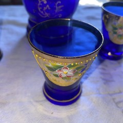 VTG Czech Bohemian Cobalt Blue & Gold Enamel Flowers Decanter & Cordial 3 Cups