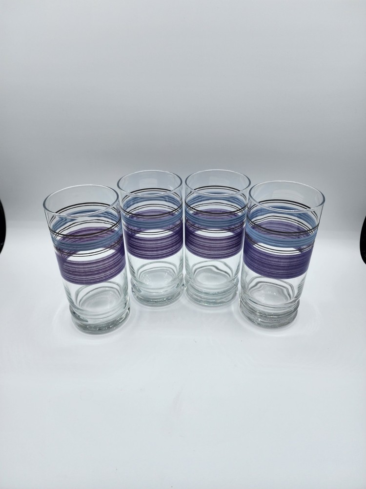 Vintage – Libbey – Blue Light Blue Banded Tumbler – Set of 4 Striped 6 1/4 in