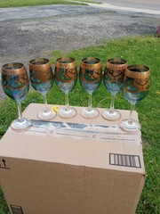 Murano Prezioni Italian Wine Glasses Blue/W 24k Hand Applied Accent Set Of 6 New