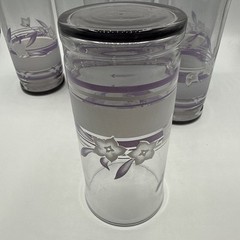 Vintage Libbey Purple White Floral Highball Tumbler Frosted Stripe Glass Set/7