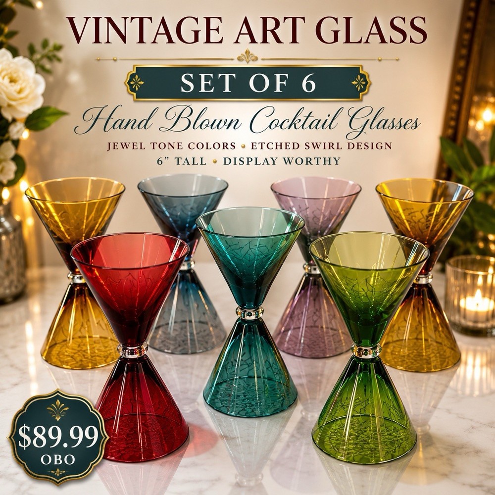 Vintage Hand Blown Art Glass Cocktail Martini Glasses Set of 6 Multi Color