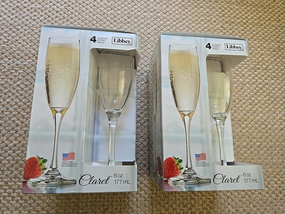 8 Claret Libbey Clear Wine Drink Barware Glasses 6 oz Flute Set USA