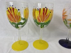 4 Hand Painted Flowers Wine Glasses Set Goblet 10oz Bright Summer Garden Party