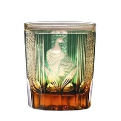 Edo Kiriko Emerald Green Peacock Whiskey Glass, Handcrafted Crystal High-End Cup