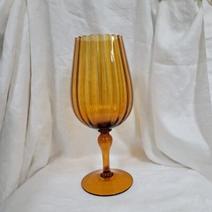 Vintage Large Amber Ribbed Glass Pedestal Snifter, Vase, Bowl