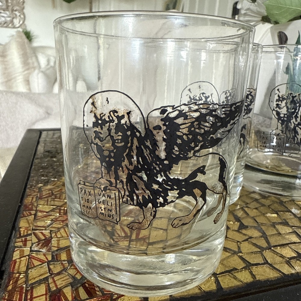 Lion of St Mark Old Fashioned Tumblers Glasses Set/4 VTG MC Rare Christian Gift
