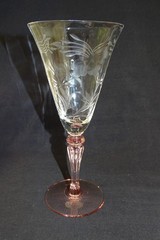 Tiffin 7 Water Goblets Stem 15071 Floral Etched with Pink Stem & Base