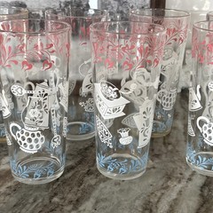 VTG 1950’s Hazel Atlas Kitchen Aids Tumbler Pink, Blue & White Glasses Set of 7