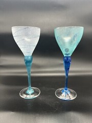Pair Vintage Art Glass Blue Cocktail Wine Goblet Norway 1992 Signed Hadeland K.U