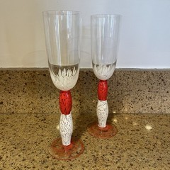 White & Coral Confetti Hand Blown Glass Champagne Glasses (2) Art Glass 9.25”