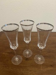 Vintage Silver Rim Crystal Champagne Flutes Set of 3 Elegant Tall Stem Glasses