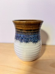 Art Pottery Wide Handled Mug Ribbed Design Blue, Brown, White