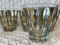 6 Vintage MCM CULVER Pisa 22K Gold Green stained glass lowball Cocktail Glass