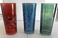 High Ball Glasses Mid Century Etched Design Red, Blue, Green Set of Three 5″ H