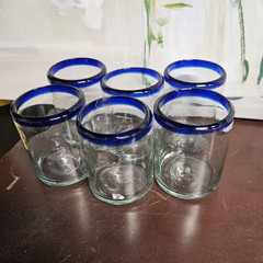 Set of 6 Of Mexican handblown glass. Cobalt rim.