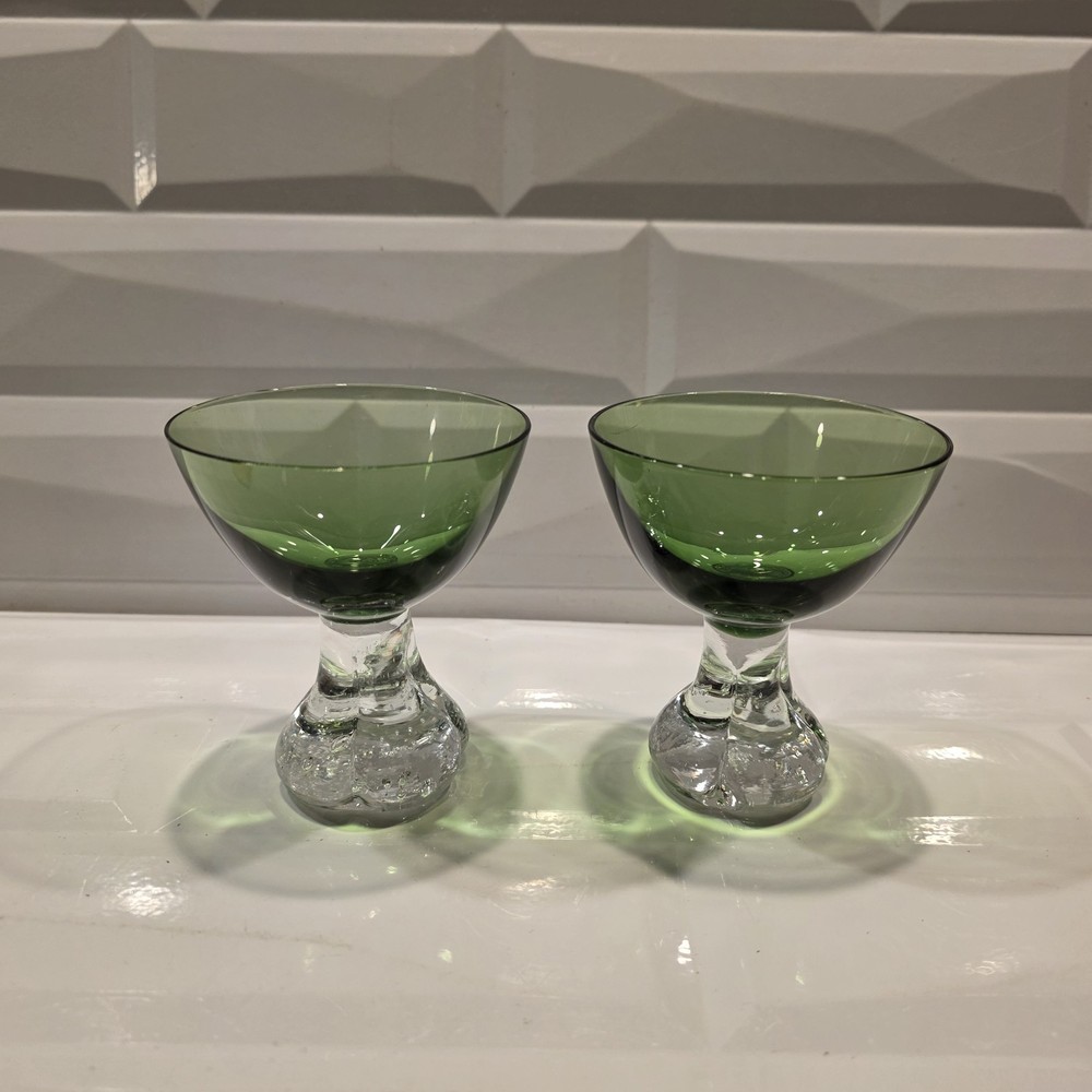 2 Vintage Green Bubble Ball Applied Base Martini Sherbert Glasses – 4″ tall