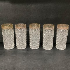 Mid-Century Diamond Point Criss-Cross Juice Glasses, Set of 5 Gold-Trim Tumblers