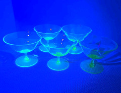 Vintage Set (5) Glowing Uranium Paneled Optic Low Sherbet Depression Era Glasses