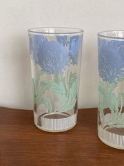 Set Of 6 Juice Glasses Blue Green Butterfly And Clover Flower Vintage 4 3/4” EUC