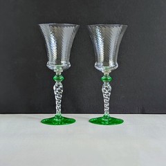 2 TIFFIN 15022 SPIRAL OPTIC Water Goblet 8 oz Green Wafer & Foot Glows Blk Lite