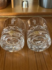 Pair Burns Crystal Scotch Whisky Tumblers Hand Cut Plaid & Etched Scotsman Logo