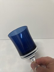 Vintage Cobalt Blue Hand Blown Goblet Wine Glass Clear Stem Weighted Base 6.5″
