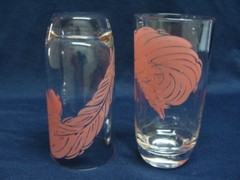 Vtg Tumblers Coolers Highball Glasses Pink Feather Design Rubberized Set Of 2