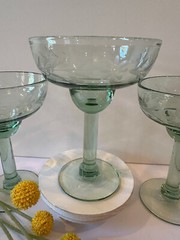Bobby Flay – Green Tint, Etched Flowers And Leaves – Margarita Glasses – RARE
