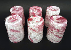 SET 6 Antique NORTHWOOD Glass «LEAF MOLD» Cased Cranberry Mica Tumblers EAPG