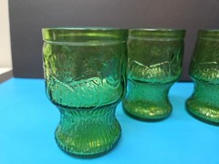 4 Vintage Fidenza Italy Green Embossed Floral Juice Glasses Mid-Century Modern