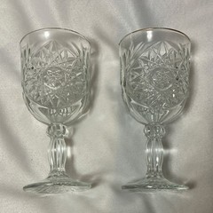 Unmarked Clear Pressed Glass Starburst Goblets, Gold Rim, Set of 2