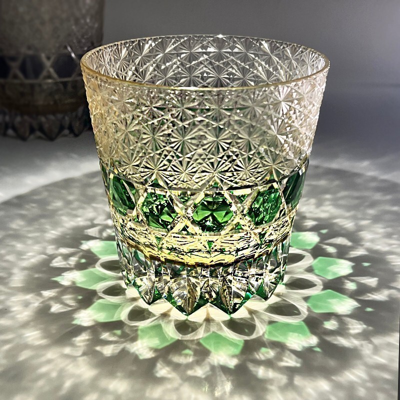 11oz Green Vintage Hand Cut Crystal Whiskey Glasses Tumbler Edo Kiriko Drinkware