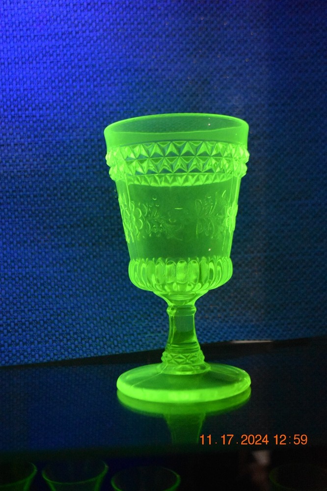 Fenton for L.G. Wright Vaseline Opalescent Wildflower and Diamonds goblet