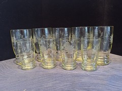 MCM Yellow Floral Etched Glass Tumblers Set 9 Mid Century Modern Juice Glasses