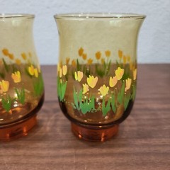 Vintage Libbey Drinking Glasses Smoke Amber with Yellow Tulips Floral Set of 2