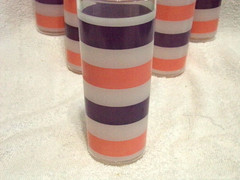6 Vtg MCM Pink Purple White Frosted Stripe 16 Oz Collins Style Highball Glasses