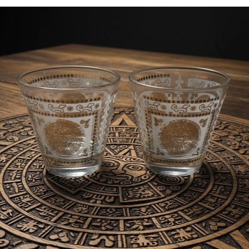 Hazel Atlas Aztec Calendar Lowball, Set of 2, Golden Medallion Design Tumbler