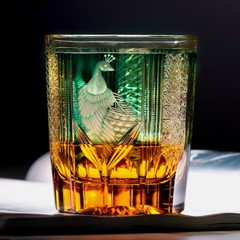 Edo Kiriko Glass Hand Carved Peacock Crystal Whisky Glasses Amber Green 8.5oz