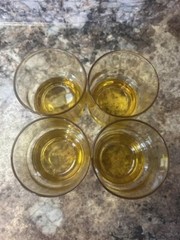 Set of 8 Vintage MCM Harvest Gold Low Ball Glasses w/Goldtone Metal & Wood Caddy