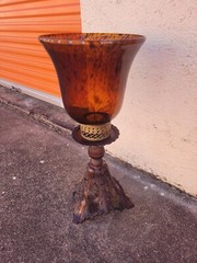 Large 23″ Tall Amber Tortoise Shell Glass VASE/Candle Holder. HEAVY Brass BASE