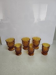6 Vintage Indiana Glass Colony Whitehall Cubist Amber Glasses 3-4 1/4″ & 3-3 3/4