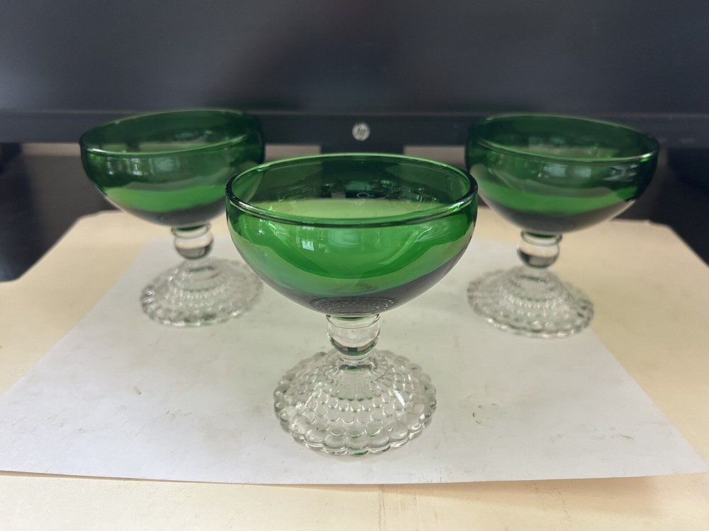 3 VINTAGE HOCKING GREEN CLEAR STEM BUBBLE FOOT CHAMPAGNE SHERBERT GOBLET GLASS