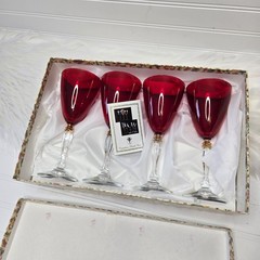 4 Cristalleria Fratelli Fumo Made In Italy Ruby Red Glass Wine Stem Goblets NEW