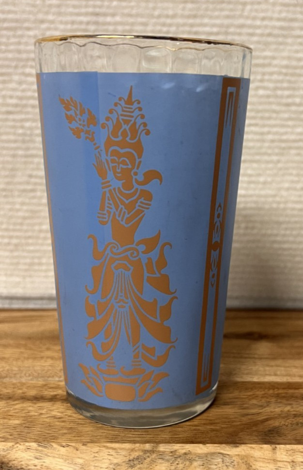 Vtg MCM Culver Blue Gold «Mandalay» Thai / Siam Goddess Highball Glass Tumbler