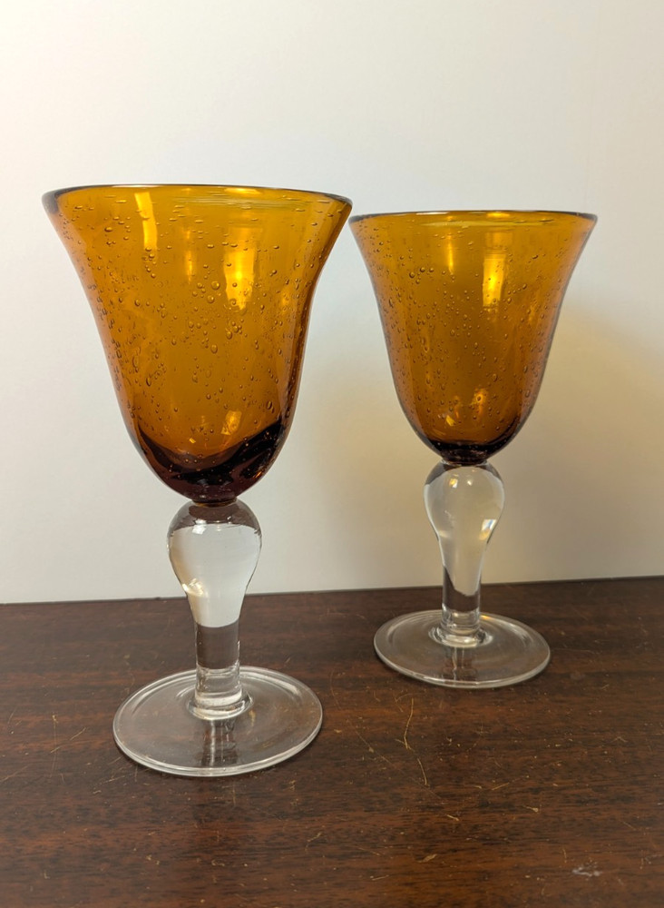 Vintage Set of Two Amber Hand Blown Art Glass Controlled Bubble Goblets Wine